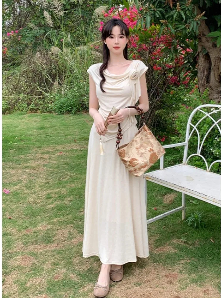 vmtvr 2024 Summer New Flowers Korean Fashion Irregular T-Shirt Top Women's French Elegant Pastoral Casual Long Skirt Two Piece Set