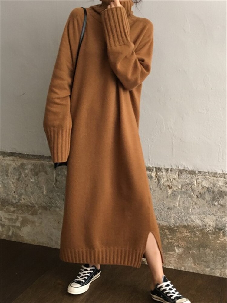 Thick Winter Women'S Dress Fall Sweater Women Dress Long Sleeve Knitted Dresses Maxi Vintage Oversize Dresses Knitting