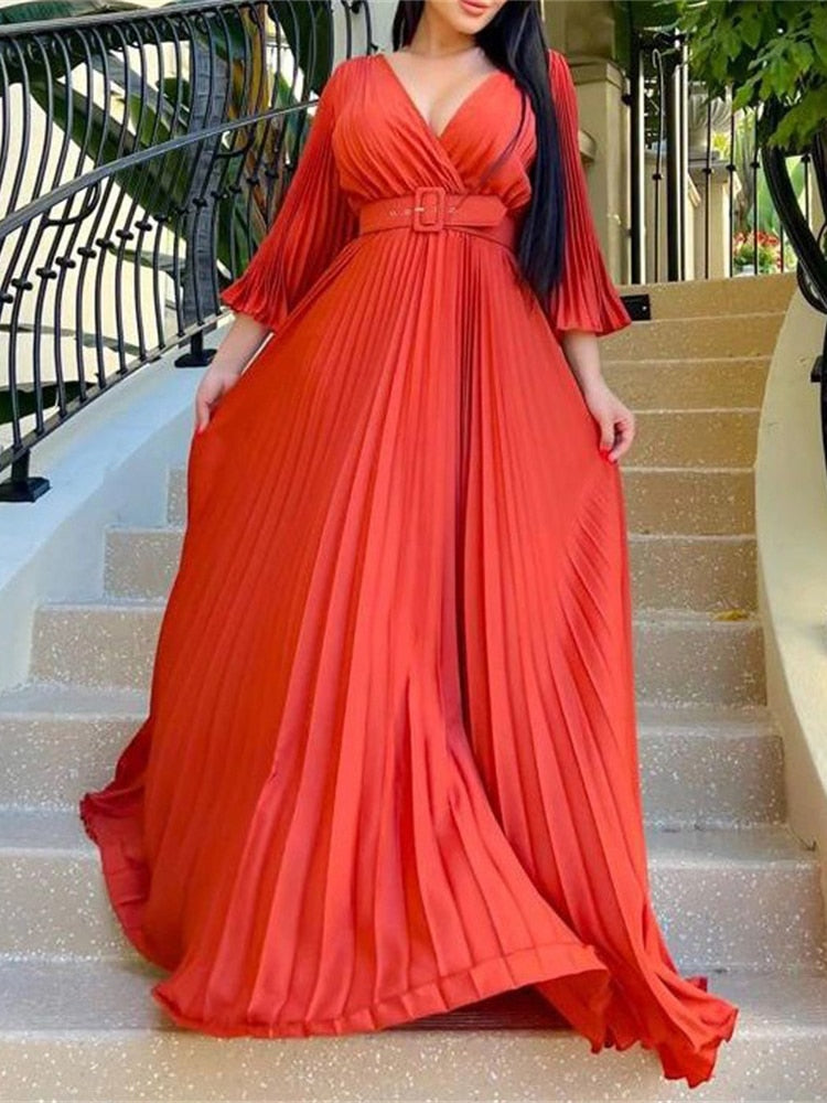 vmtvr Sexy V-Neck Pleated Dinner Party Dress Women Yellow Elegant with Belt Long Sleeve Robe Femme African Maxi Red Vestido