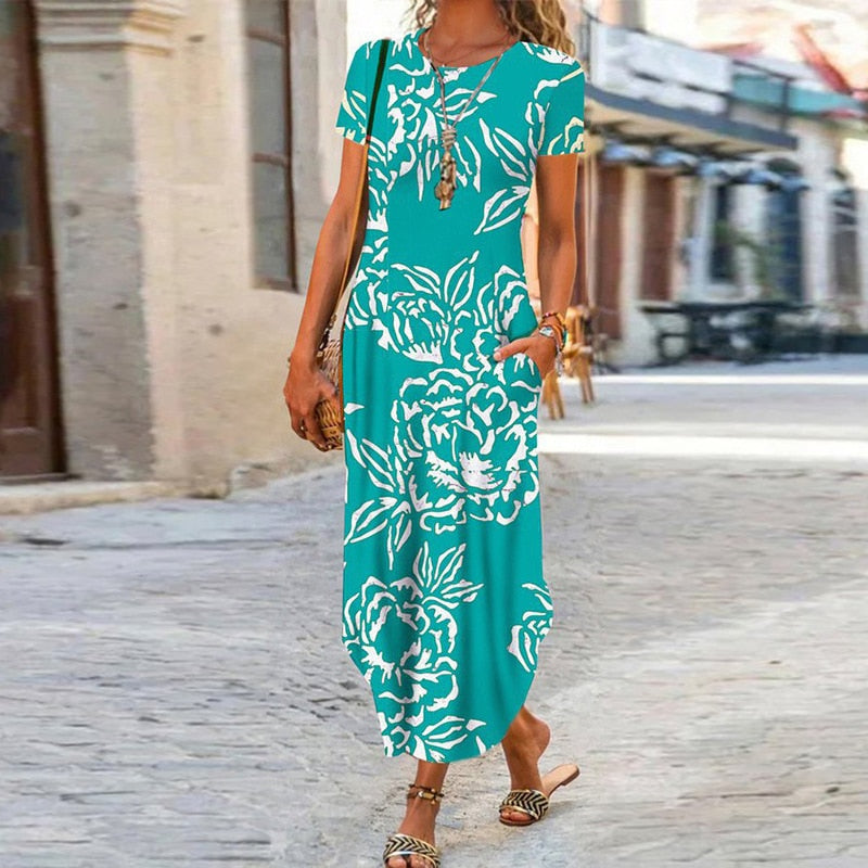 vmtvr - Elegant Women Maxi Dress Summer O Neck Short Sleeve Sundress Office Lady Party Dress Female Print A-Line Long Dress Vestido