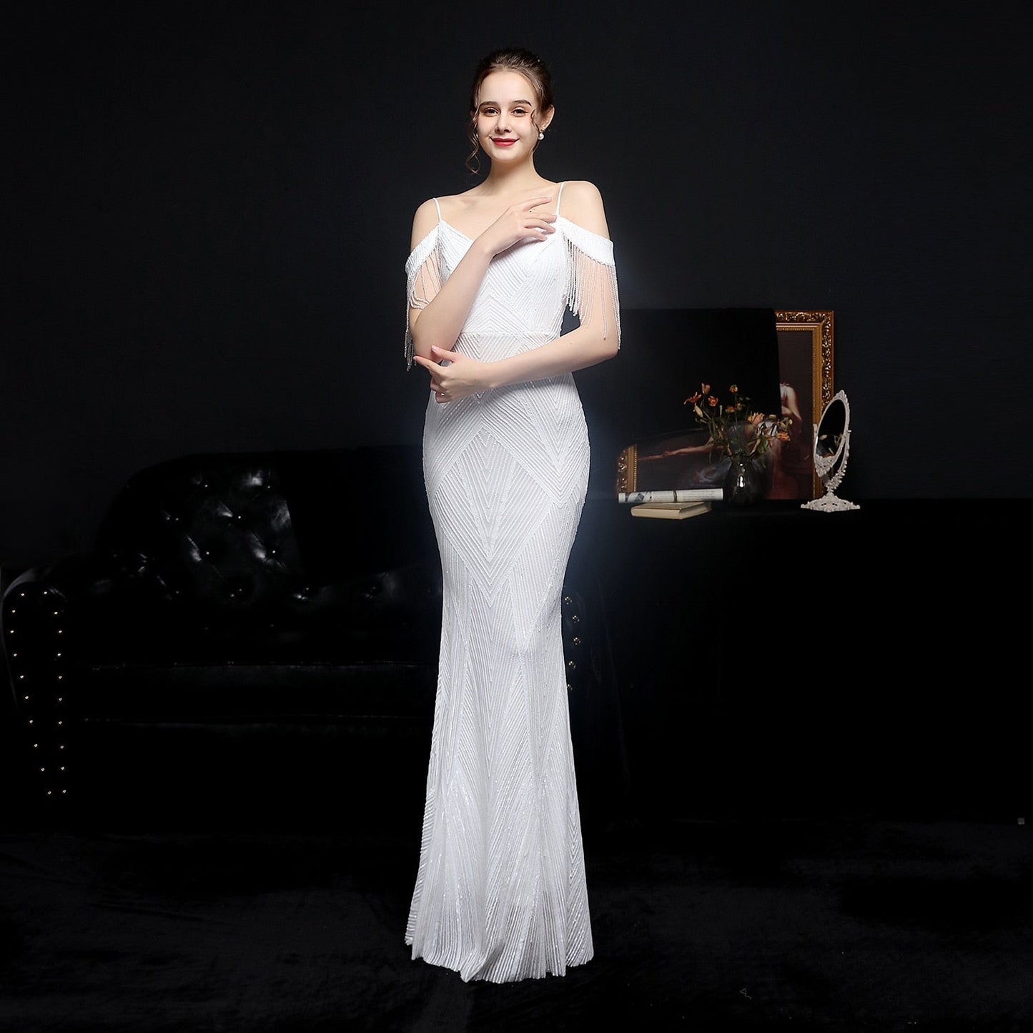vmtvr Women Elegant Off Shoulder Luxury Evening Dress Sexy Sequin Mermaid Dress Spaghetti Straps Silver Beading Long Party Dress New