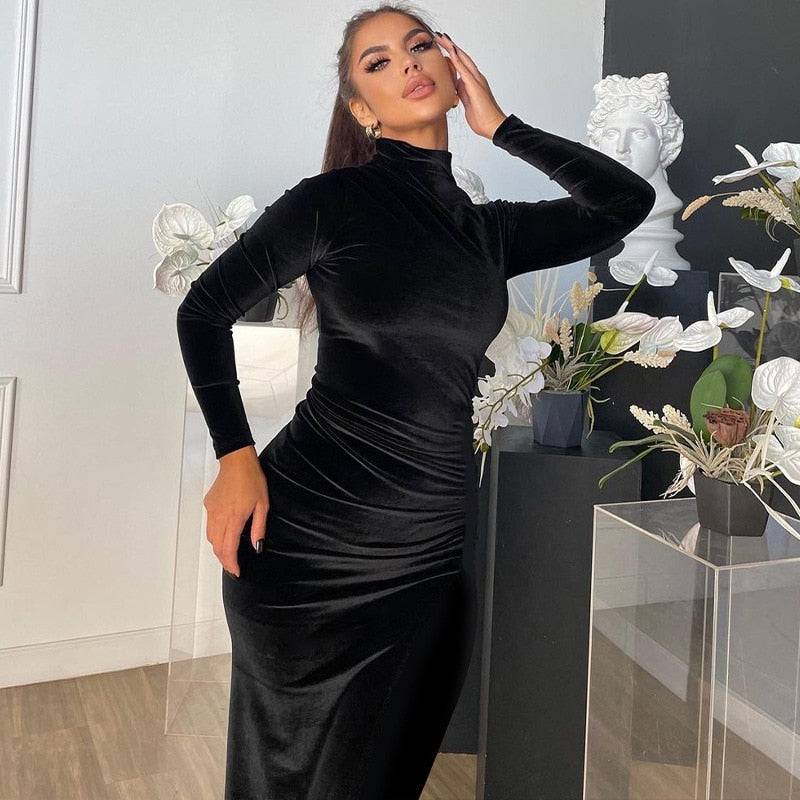 Long Sleeve Elegant Black Velvet Bodycon Maxi Dress For Women Ruched Party Evening Long Dresses Spring Female Clothes
