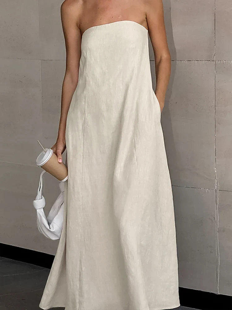 vmtvr 2024 Spring Summer Women Linen Dress Sexy Solid Strapless A-Line Midi Flare Holiday Vacation Dress For Women