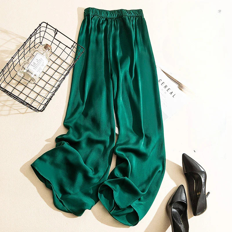 vmtvr Korean style High Waist Acetate Wide Leg Pants silk Trousers Acetate satin pants ankle-length women summer trousers