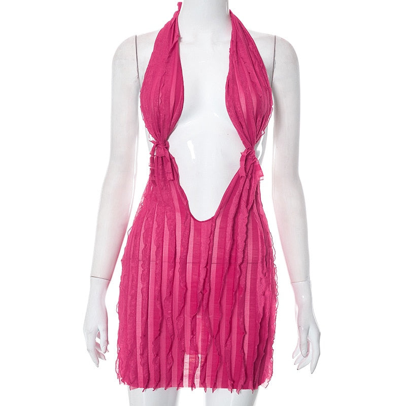 Sexy Halter Low Cut Backless Maxi Dress Women Sleeveless Pleated Slim Fit Robe Summer Beach Birthday Luxury Y2K Clothes