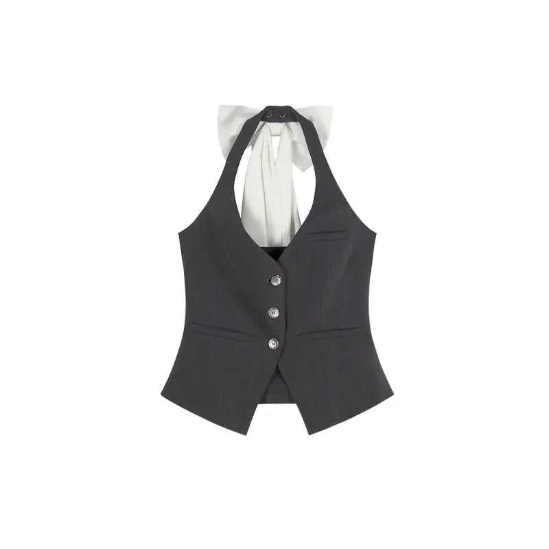 vmtvr American Retro Design Feeling Bow Hanging Neck Vest Women's Summer New Suit A-line Short Skirt Two-piece Set Female Clothing