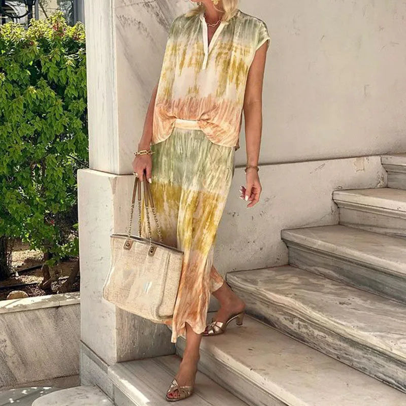 vmtvr Fashion Temperament Printed Party Suit Women V-neck Sleeveless Vest Top with Skirt Two Piece Sets Elegant Summer Holiday Outfits