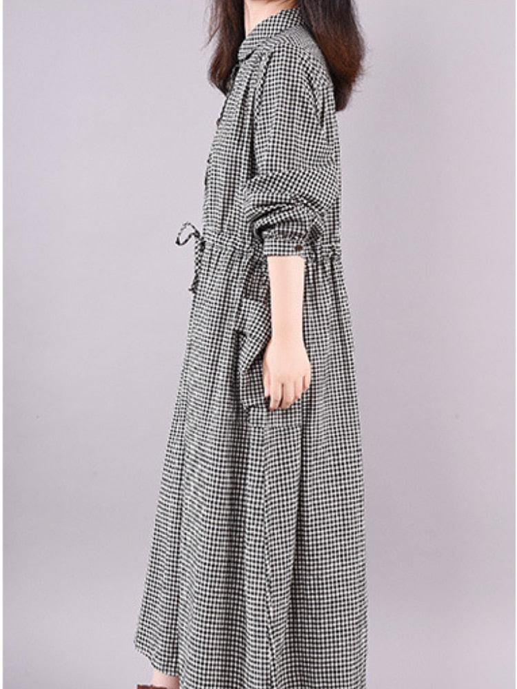 vmtvr - Dresses for Women Loose Stitching Cotton and Linen Plaid Long-sleeved Dress Women's Lace-up Waist Midi Skirt Elegantly