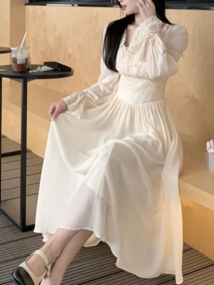 vmtvr Women French Princess Midi Dresses Summer Korean Lace Spliced Long Sleeve Vestidos New Fashion Evening Solid Clothes