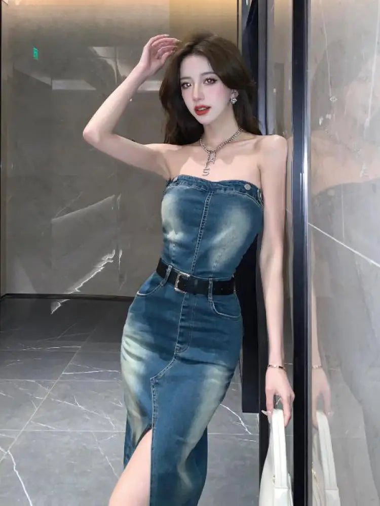 vmtvr Sleeveless Women Denim Suspender Dress Summer New Midi Blue Korean Fashion Strapless Streetwear Female Off Shoulder Slit Dresses
