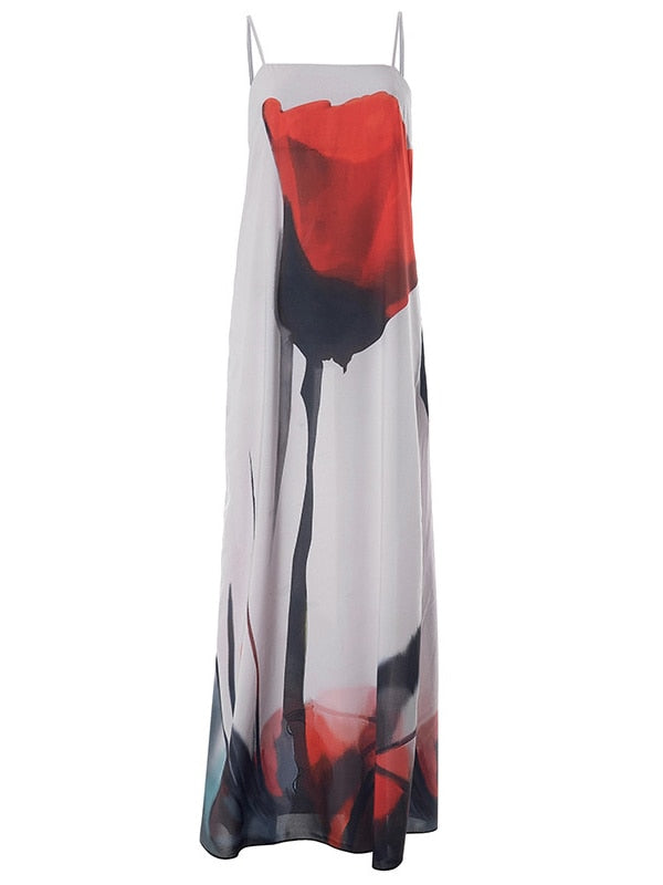 Sexy Summer Spaghetti Strap Floral Print Maxi Dress For Ladies Backless Chic See Through Beach Holiday Robe