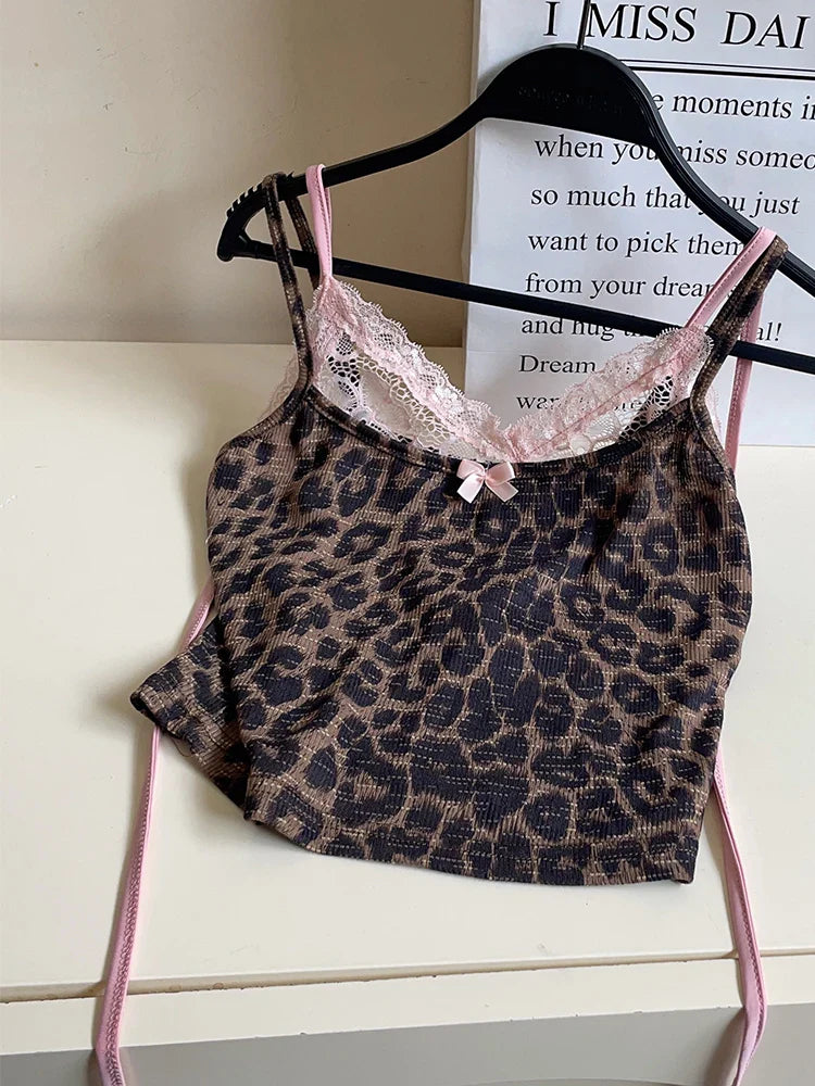 vmtvr Summer Women Korean Ballet Core Fake Two Pieces Camisole Coquette Dark Academia Leopard Print Crop Top Gyaru 2000s Aesthetic Hot