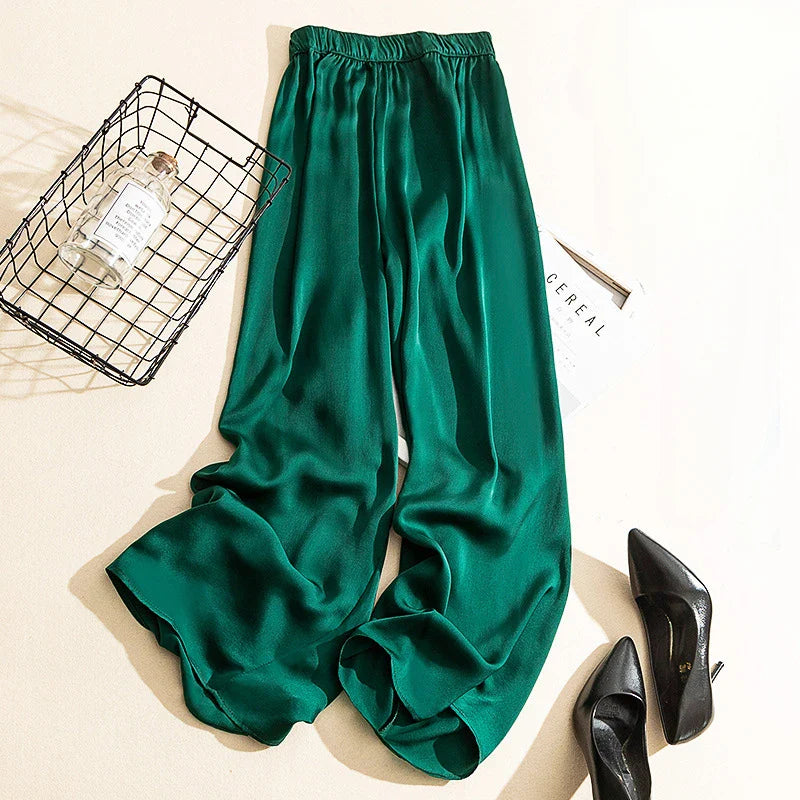 vmtvr Korean style High Waist Acetate Wide Leg Pants silk Trousers Acetate satin pants ankle-length women summer trousers