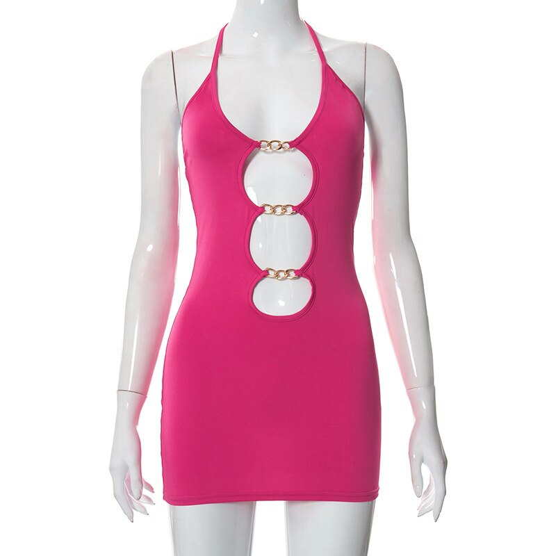 Sexy Halter Summer Women'S Dress Solid Hollow Out Metal Ring Harajuku Bandage Bodycon Dresses Party Club Vestidos Outfit