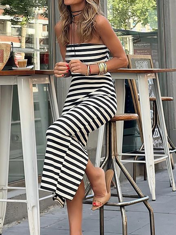 Split Maxi Dress Summer Women Loungewear Fashion Party Dress Sleeveless Sexy Striped Ladies Dress Streetwear