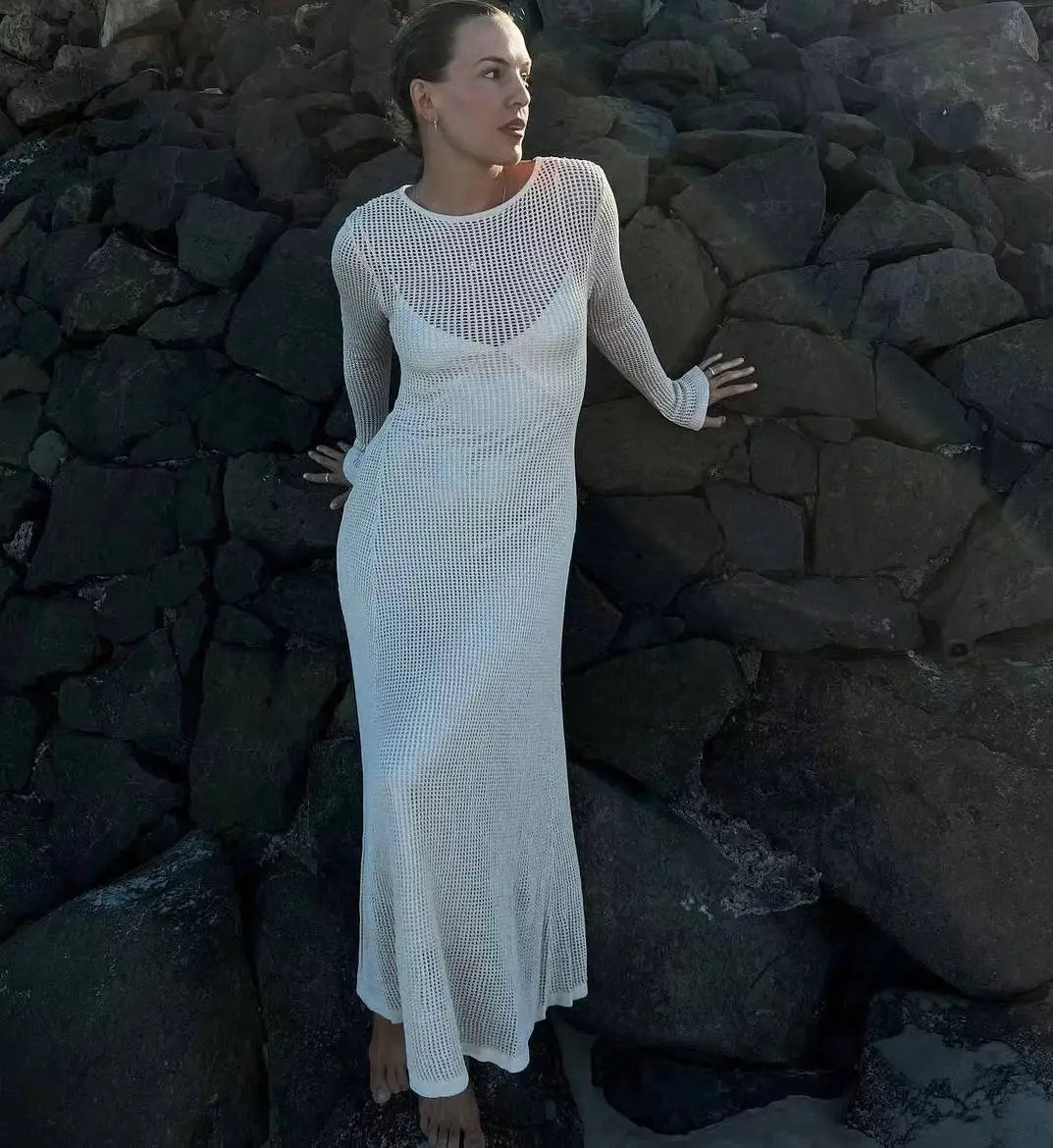 vmtvr Elegant Hollow Out Knit Maxi Dress for Women Summer Beachwear Holiday Long Sleeve Cover-Ups Long Dresses
