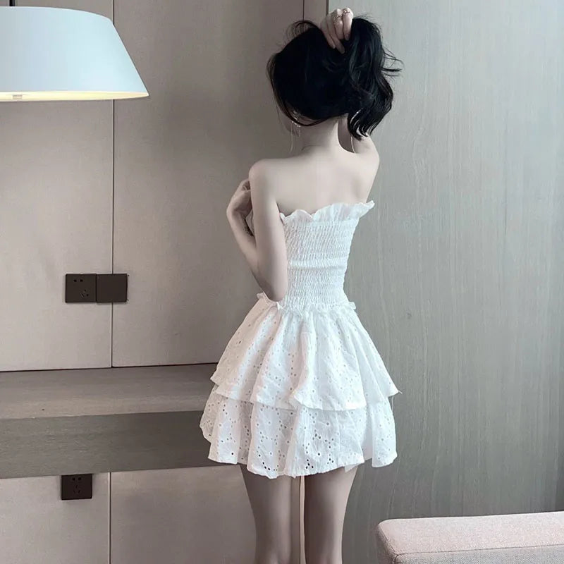 vmtvr Women White Mini Dress Korean Fashion Sexy Strapless Dresses Summer Casual High Waist Female Folds Ball Gown Dress