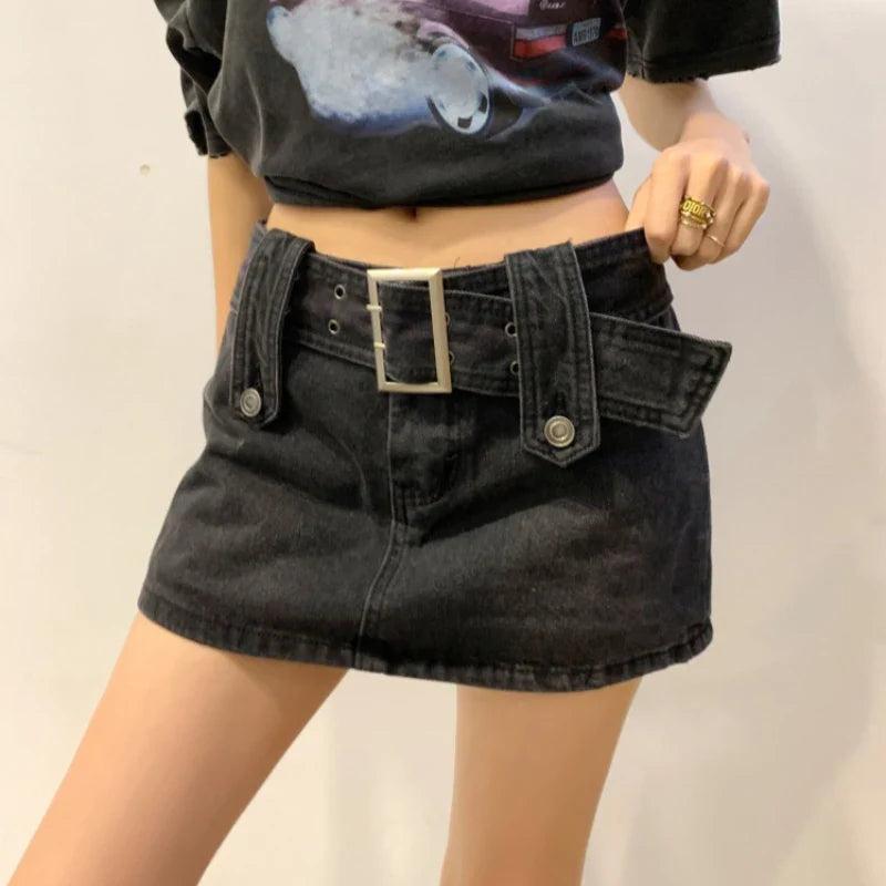 vmtvr Low Waist Women Mini Skirts Black Summer Belt Sexy A Line Denim Skirts Korean Fashion Streetwear New Y2K Jeans Skirt