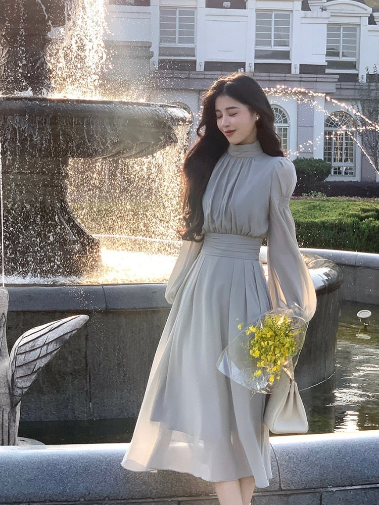 vmtvr - Spring Turtleneck White Midi Dress Women Long Sleeve French Elegant One Piece Dress Korean Fashion Y2k Clothing Design