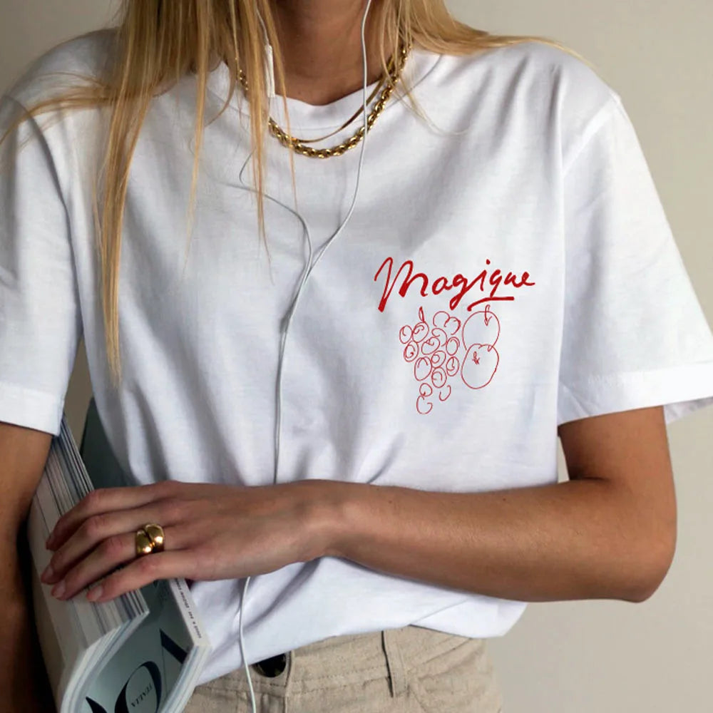 -Retro sports style outfit streetwear 90s fashion Summer French Chic Female White Loose T Shirts Short Sleeve Cherry Illustration Printing Loose Cotton Ins Fashion Tops Tees