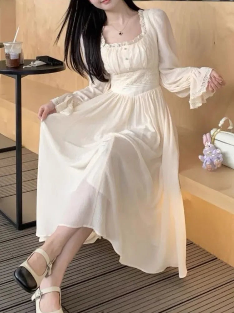 vmtvr Women French Princess Midi Dresses Summer Korean Lace Spliced Long Sleeve Vestidos New Fashion Evening Solid Clothes