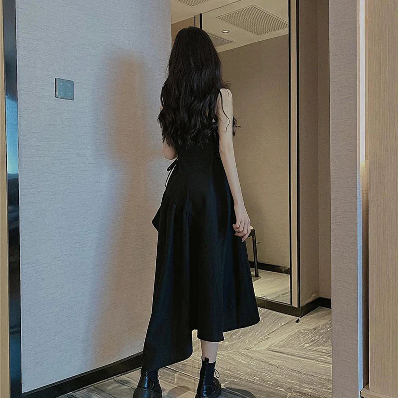 vmtvr Y2K Women Camis Dress Korean Lace-Up Waist Black Dress Summer Fashion Asymmetries Female Ball Gown Dresses New