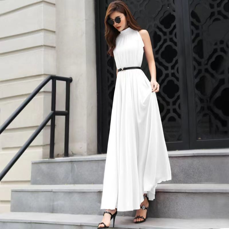 Simple Elegant Ladies Sleeveless Black Red Chiffon Long Dresses Women's Summer Fashion Ruffled Halter High Waist Maxi Dress Robe