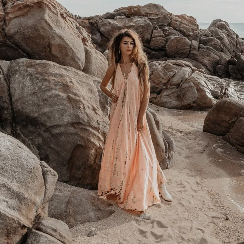 vmtvr - Women's Sexy Sleeveless Necktie Maxi Dress Backless Printed Summer Dress Halter Long Vestidos Boho Dyed Holiday Robes