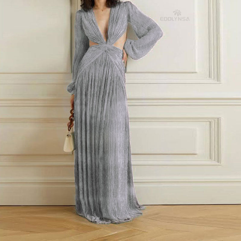 vmtvr Sexy V-Neck Backless Hollow Out Dress Summer Women Lantern Sleeve Club Party Long Maxi Dresses Tunic Beach Cover Up A916