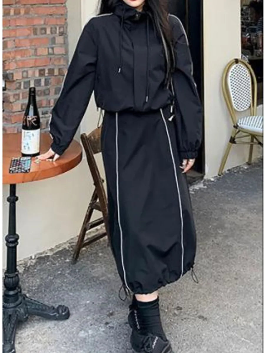 vmtvr Vintage Black Hooded Jacket and Skirt Tracksuit Women Y2k Long Sleeve Sport Corpcore Coat Top Loose Spring Summer Clothes Set
