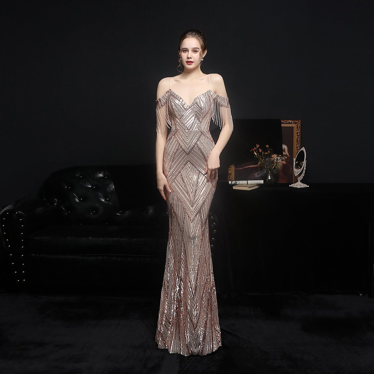 vmtvr Women Elegant Off Shoulder Luxury Evening Dress Sexy Sequin Mermaid Dress Spaghetti Straps Silver Beading Long Party Dress New