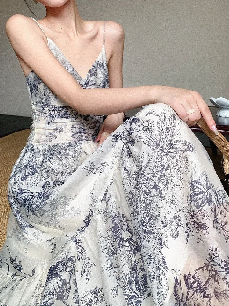 vmtvr Elegant Floral Long Dresses for Women Summer New Spaghetti Strap Party Dress Vintage Casual A-Line Female Prom Robe Vestidos
