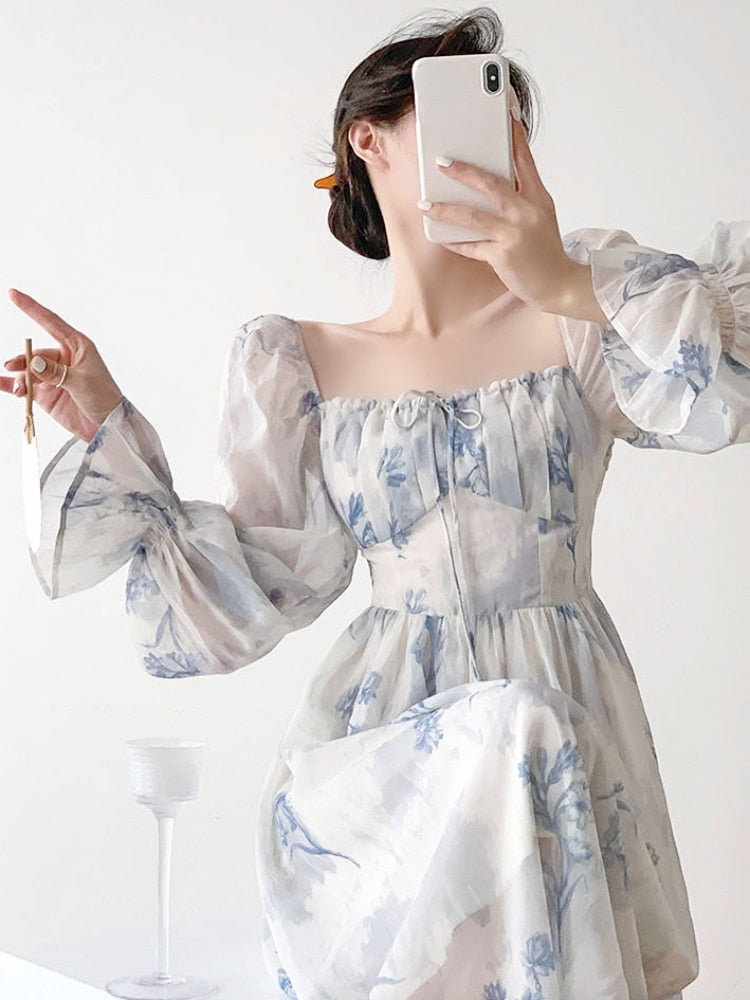 vmtvr - Summer French Elegant Floral Midi Dress Party Chiffon Vintage Fashion Dress Beach Long Sleeve Casual Dress Office Lady Chic