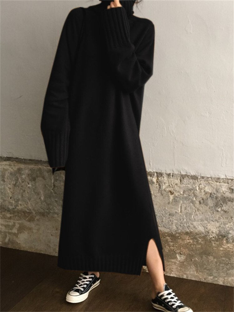 Thick Winter Women'S Dress Fall Sweater Women Dress Long Sleeve Knitted Dresses Maxi Vintage Oversize Dresses Knitting