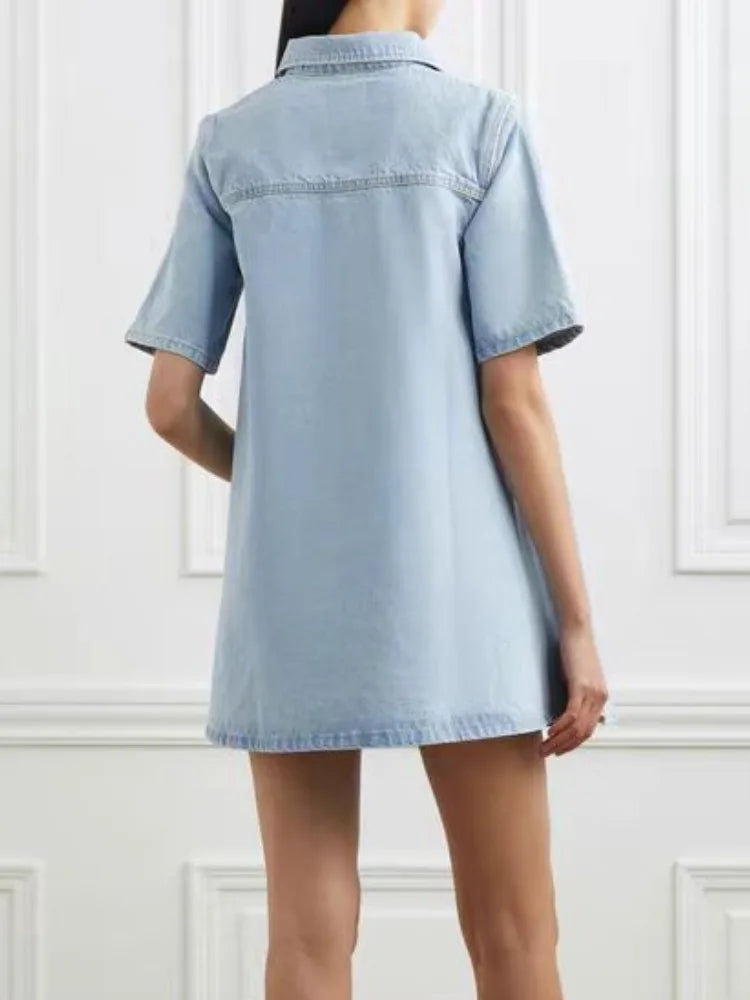 vmtvr Summer Blue Denim Mini Dress Women Fashion Turn-down Collar Loose A-line Dress 2024 Short Sleeve Casual Dress Streetwear