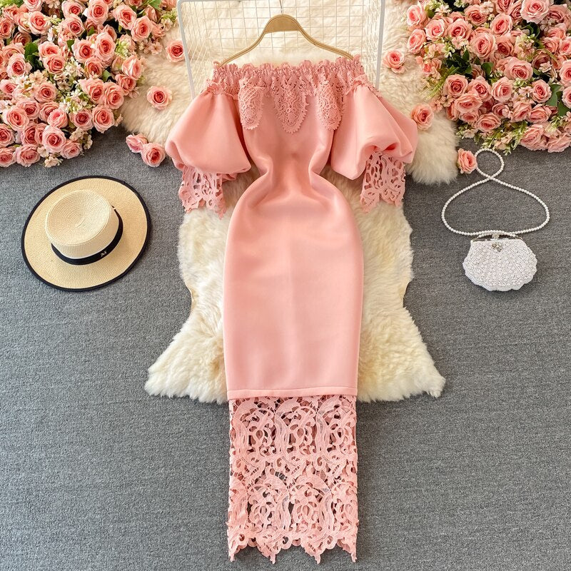 Off Shoulder Lace Evening Dresses Long Luxury Party Prom Lantern Short Sleeve White Bodycon Bandage Dress