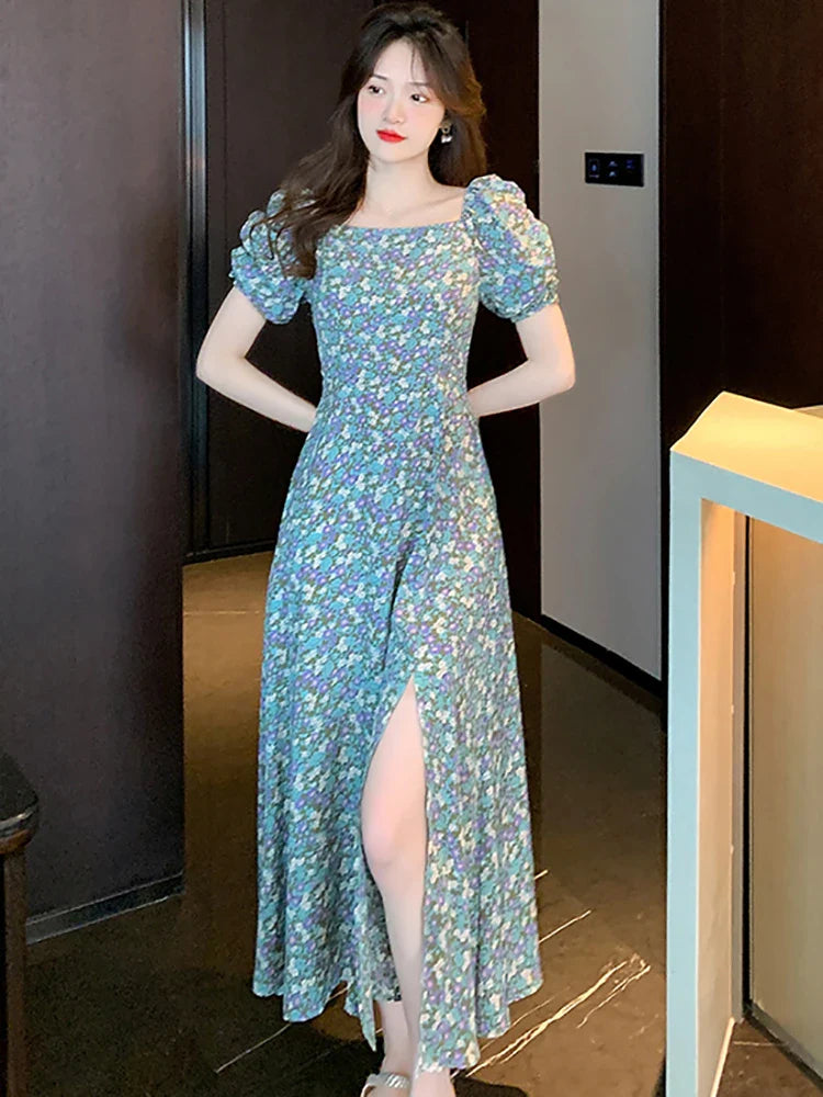vmtvr 2024 Floral Chiffon Chic Square Collar Casual Beach Dress Summer Elegant Casual Prom Clothes Women Korean Fashion Evening Dress