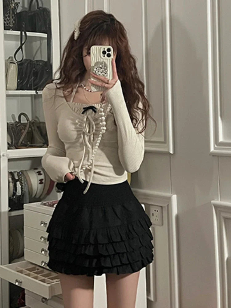 vmtvr Summer Korean Fashion Outfits Elegant French Y2k 2 Piece Dress Set Women Casual Long Sleeve Tops + Bodycon Mini Skrits