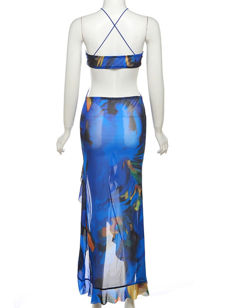 vmtvr - See Through Halter Print Maxi Dress Women Summer New Sexy Backless High Split Ruffles Sexy Party Club Long Dresses Vestidos