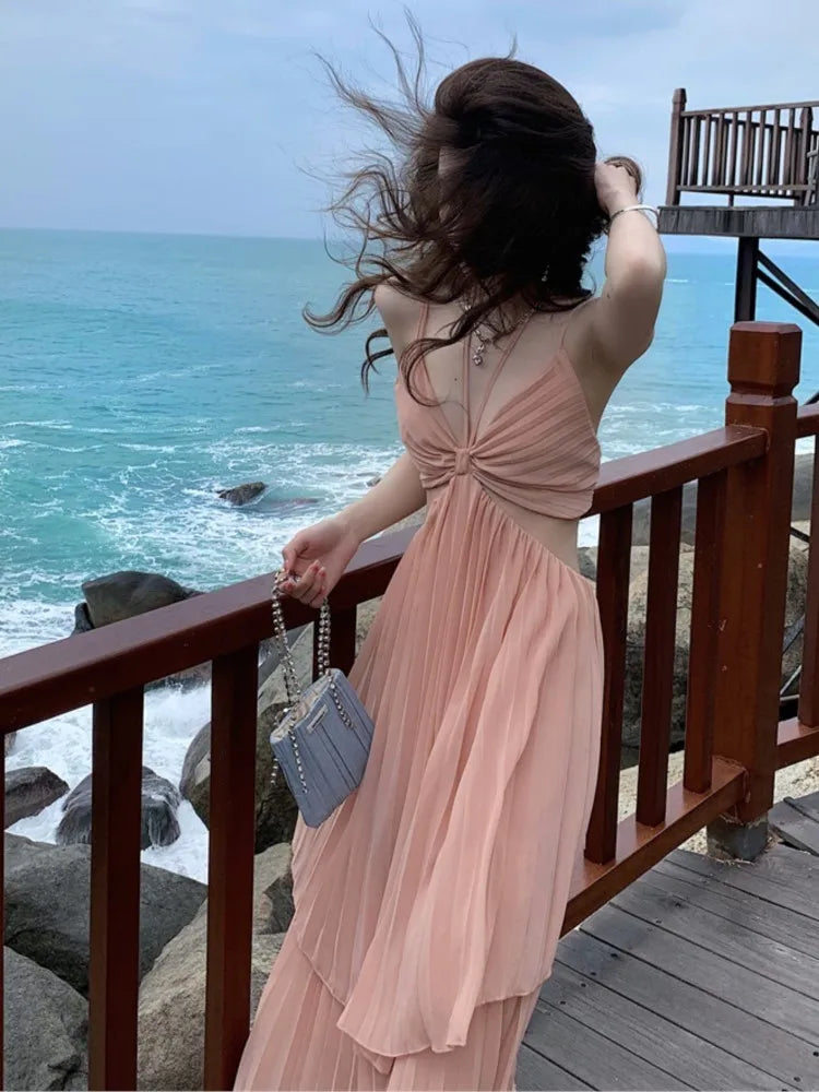 vmtvr Summer New Fashion Women Sexy Pleated Boho Long Dress Vacation Beach Strap A line Ladies Robe Sundress