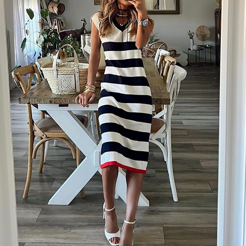 Split Maxi Dress Summer Women Loungewear Fashion Party Dress Sleeveless Sexy Striped Ladies Dress Streetwear