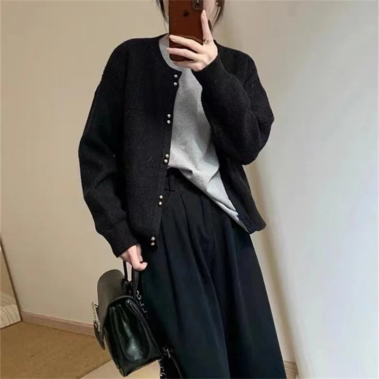 vmtvr Women O-neck Knitted Cardigan Autumn Winter Long Sleeved High-end Sweater Cardigans Lazy Style Female Loose Soft Knitted Coat