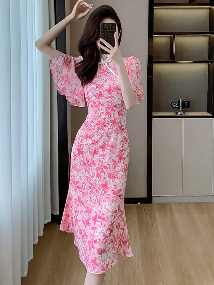 vmtvr 2024 Pink Floral Chic Casual Holiday Dress Summer Short Sleeve Bodycon Elegant Evening Dress Women Korean Fashion Party Vestidos