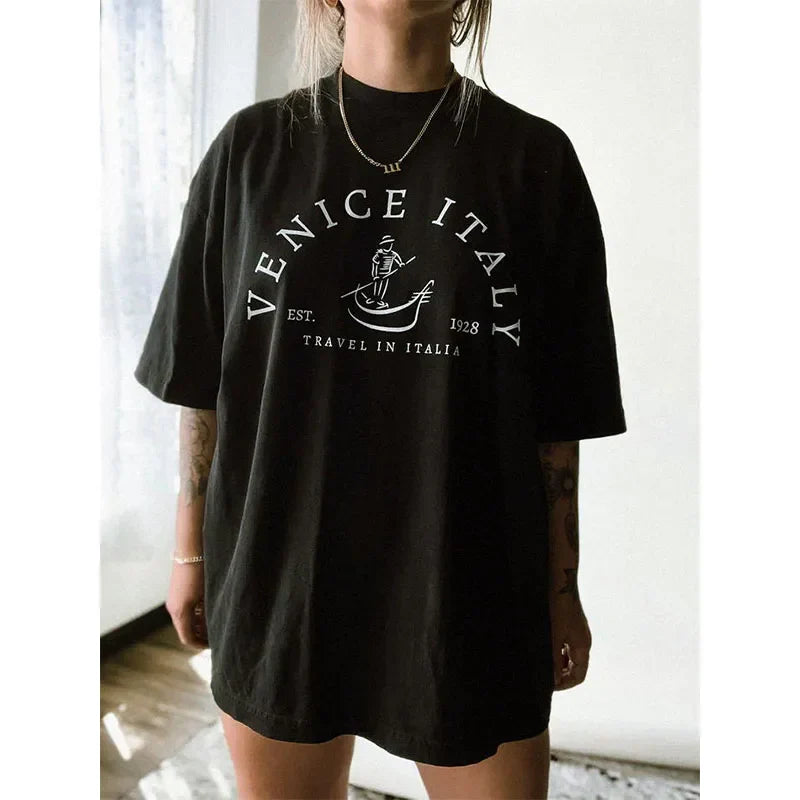 -Retro sports style outfit streetwear 90s fashion Venice Italy EST.1928 Graphic Vintage T Shirts Summer Short Sleeve Oversize Cotton Tops Tees Tumblr Fashion 80s 90s Shirts