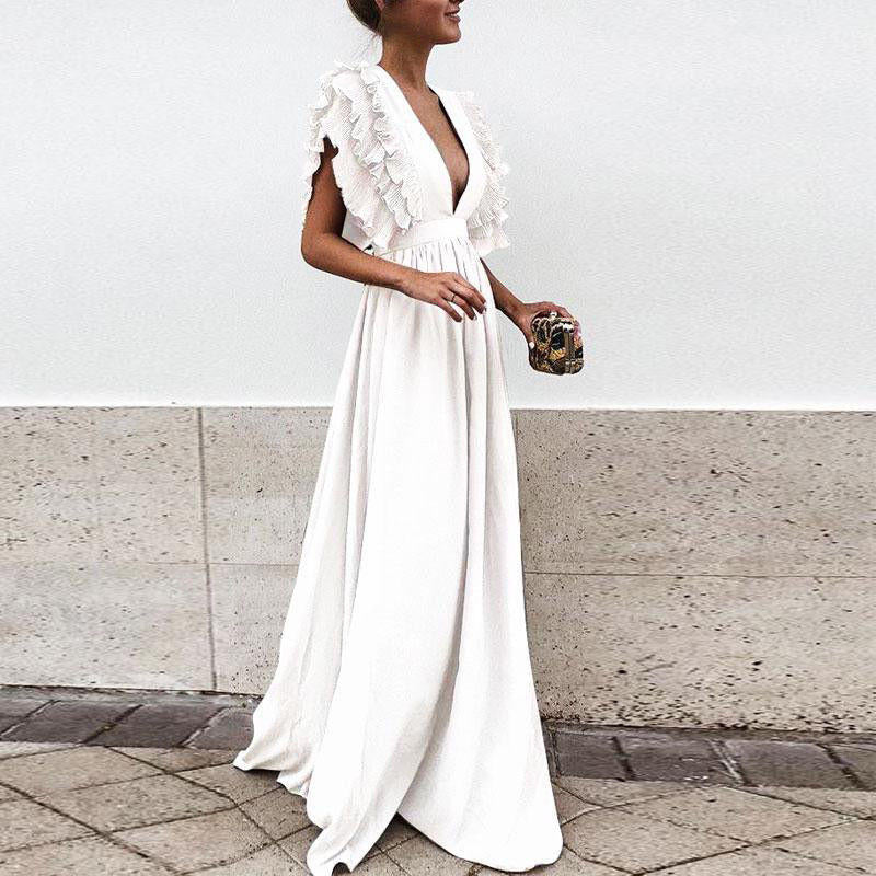 vmtvr Formal Party Dress Women Deep V-Neck Long Dress Elegant Flying Sleeves Backless Maxi Evening Dresses Robe De Soiree