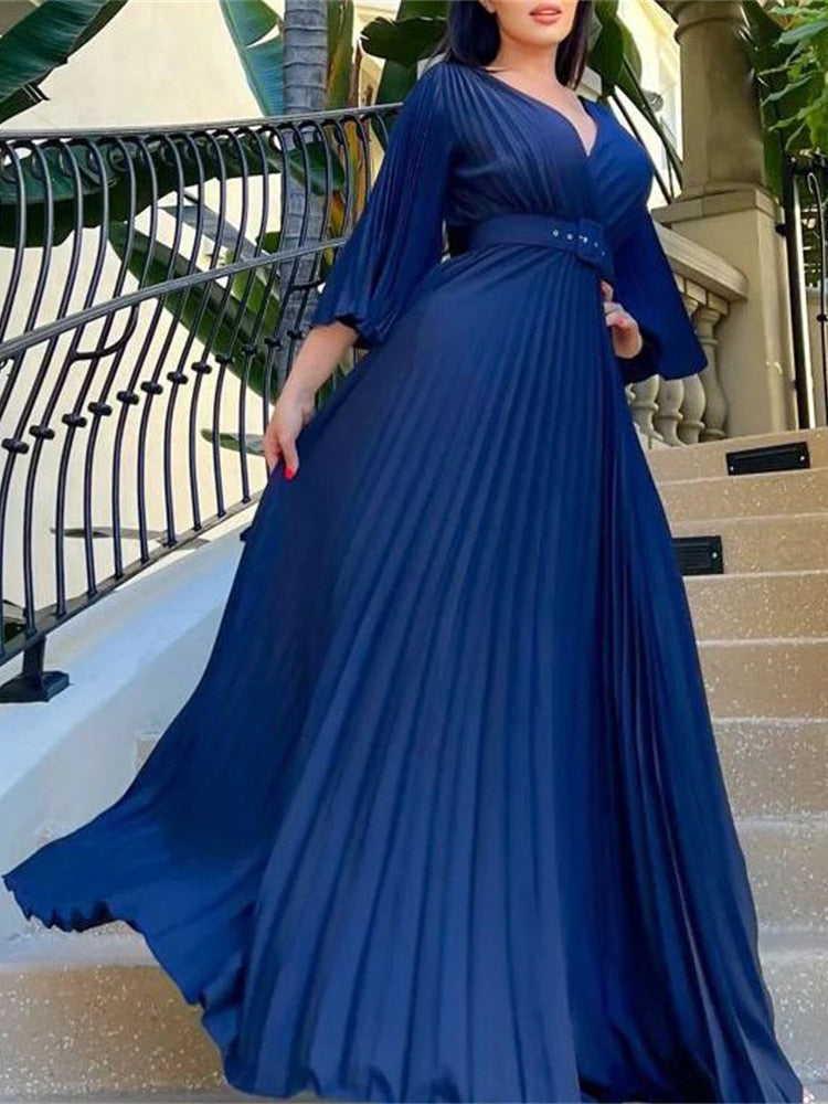 vmtvr Sexy V-Neck Pleated Dinner Party Dress Women Yellow Elegant with Belt Long Sleeve Robe Femme African Maxi Red Vestido