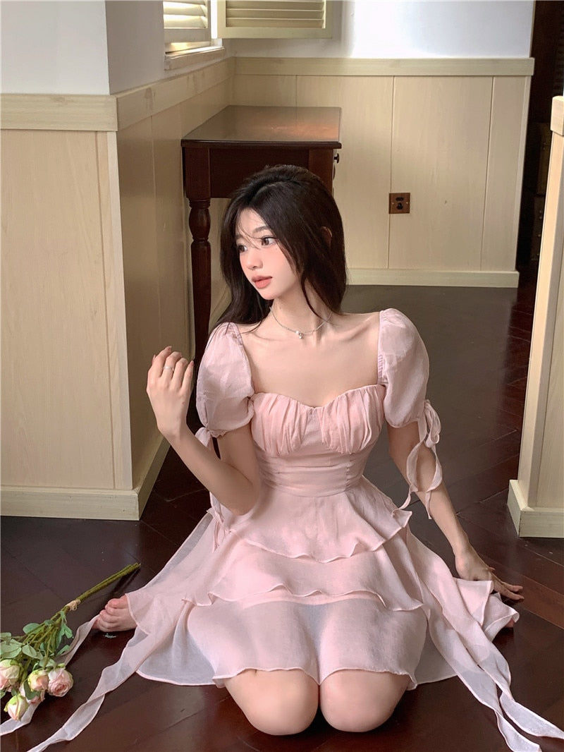 vmtvr Pink Kawaii France Style Short Dress Women Elegant Evening Party Midi Dresses Cute Sweet Puff Sleeve Clothing 2023