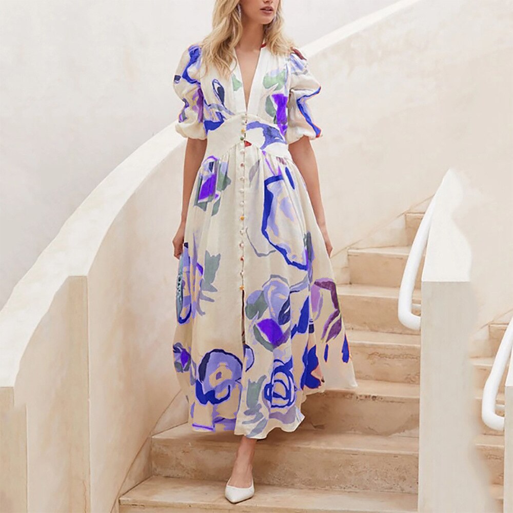 vmtvr - Dresses For Women Summer Sexy Print Long Maxi Dress Ladies Elegant Button Up Boho Floral Ruffles Pink Robe Vestidos