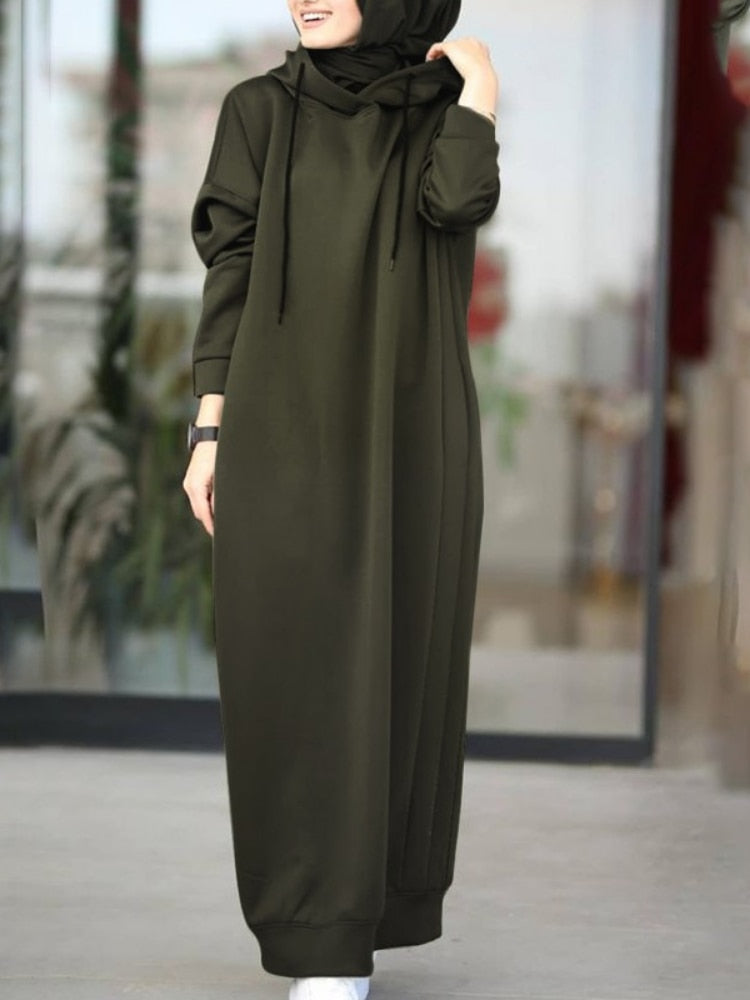Women Muslim Dress Sweatshirt Dress Stylish Hoodies Long Sleeve Maxi Dress Female Casual Solid Hooded Vestidos Robe