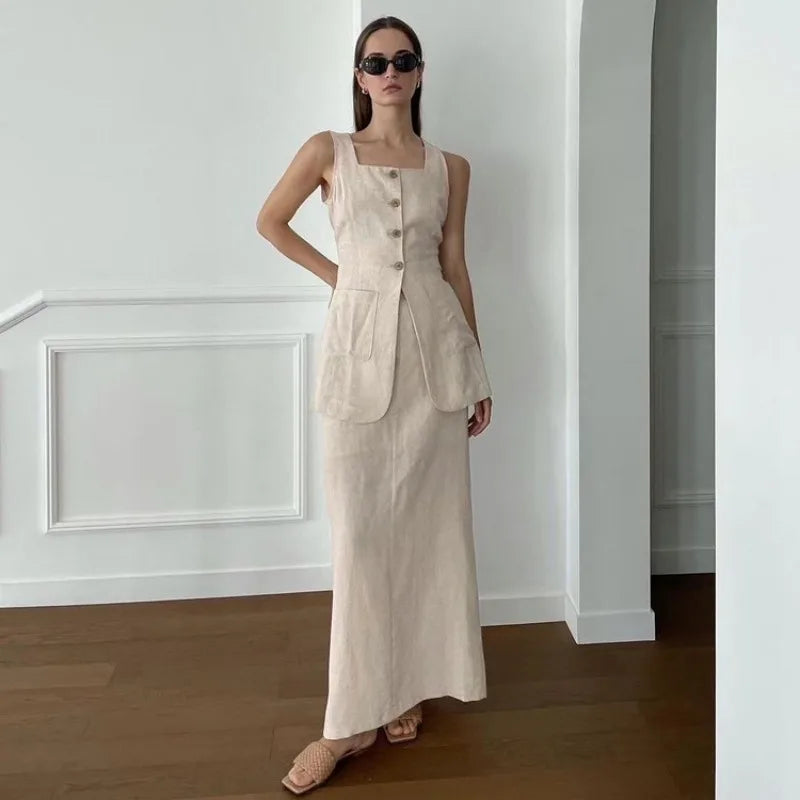 vmtvr Women's Cotton Vest Skirt Set Spring and Summer Women's Casual Office Pocket Single Row Button Top Slim Fit Loose Skirt 2Pcs